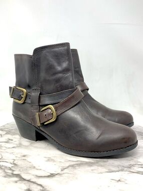 Me Too Zuri Dark Brown Leather Buckle Harness Ankle Booties 8 Bohemian Moto Chic